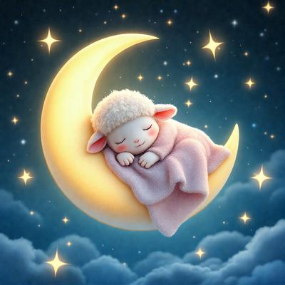 The primary subject of the image is a sheep sleeping in the sky. The sheep is lying on its back, and it appears to be resting peacefully. The setting is a night sky, with a full moon visible in the background. The visual style is a digital art or illustration, creating a whimsical and imaginative scene. The colors are predominantly white and blue, with the sheep being white and the sky being blue. The overall atmosphere is calm and serene, as the sheep enjoys its peaceful rest